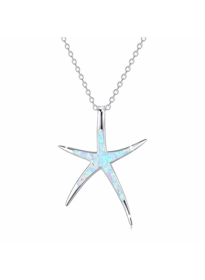 Cuoka Starfish Necklace, 925 Sterling Silver with Opal, Hawaiian Beach Nautical Ocean Pendant, Starfish Jewelry Opal Jewelry Valentine for Women Girlfriend, Metal, Opal - Image 1