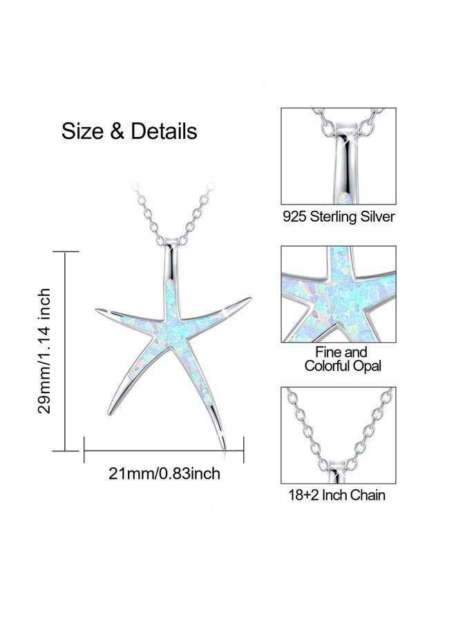 Cuoka Starfish Necklace, 925 Sterling Silver with Opal, Hawaiian Beach Nautical Ocean Pendant, Starfish Jewelry Opal Jewelry Valentine for Women Girlfriend, Metal, Opal - Image 2