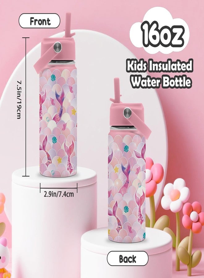 ROVOZAR Mermaid Water Bottle for Girls - 16oz Mermaids Stainless Steel Water Bottle with Straw - Cute Mermaid Tail Insulated Cup - Pink Mermaids Kids Tumbler for School, Sports, Travel - Image 3