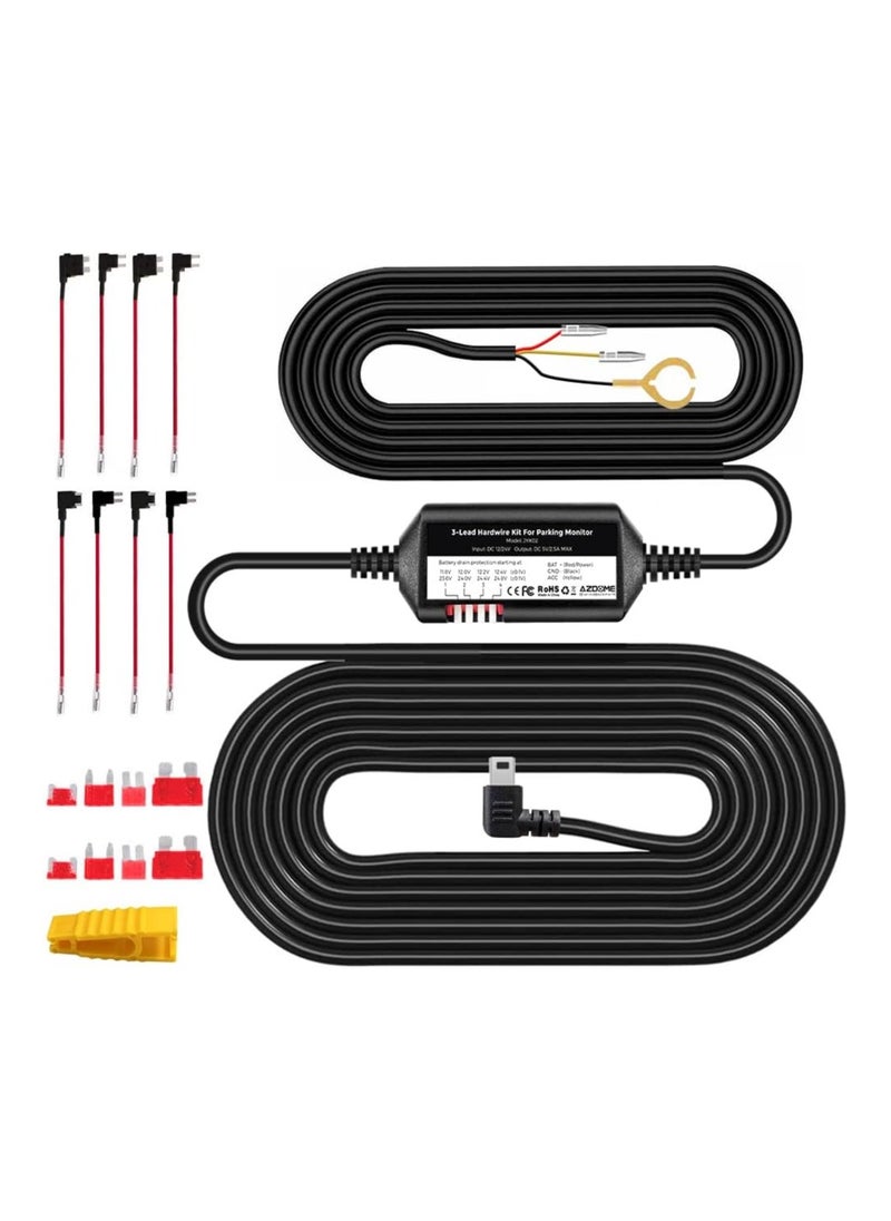 AZDOME - AZDOME 3-Lead ACC Hardwire Kit Mini-USB Port for M550(Pro)/M01 Pro/M17 Dash Cam, 12ft with Fuse Kit, for Dash Camera 24H Parking Monitor, Converts 12V-24V to Output 5V/2.5A Max, Low Voltage Protection - Image 1