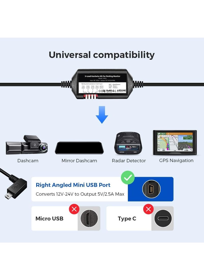 AZDOME - AZDOME 3-Lead ACC Hardwire Kit Mini-USB Port for M550(Pro)/M01 Pro/M17 Dash Cam, 12ft with Fuse Kit, for Dash Camera 24H Parking Monitor, Converts 12V-24V to Output 5V/2.5A Max, Low Voltage Protection - Image 1