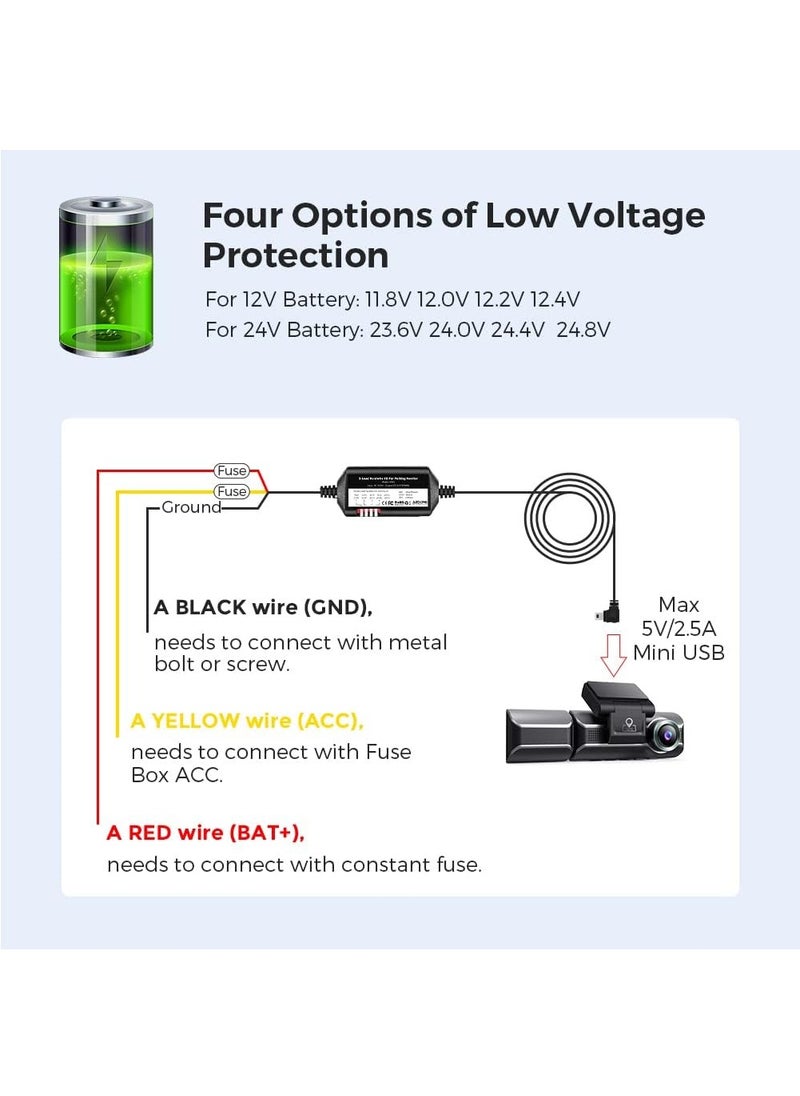 AZDOME - AZDOME 3-Lead ACC Hardwire Kit Mini-USB Port for M550(Pro)/M01 Pro/M17 Dash Cam, 12ft with Fuse Kit, for Dash Camera 24H Parking Monitor, Converts 12V-24V to Output 5V/2.5A Max, Low Voltage Protection - Image 1