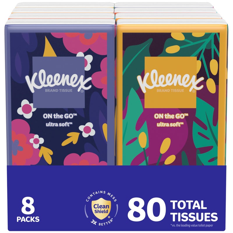 Kleenex On-The-Go Facial Tissues, 8 On-The-Go Packs, 10 Tissues per Box, 3-Ply (80 Total), Packaging May Vary - Image 1