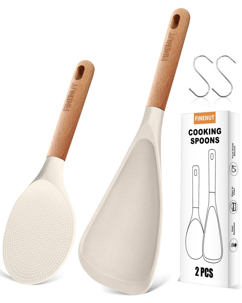 FINENUT Cooking Spoon Multifunction Spoonula Silicone Spatula Spoon 2-Pack, Dual-Use Heat Resistant 446Â°F, BPA-Free Non-Toxic Wooden Handle Rice Spoon Set for Non-Stick Cookware & Rice Cookers (Black) - Image 1