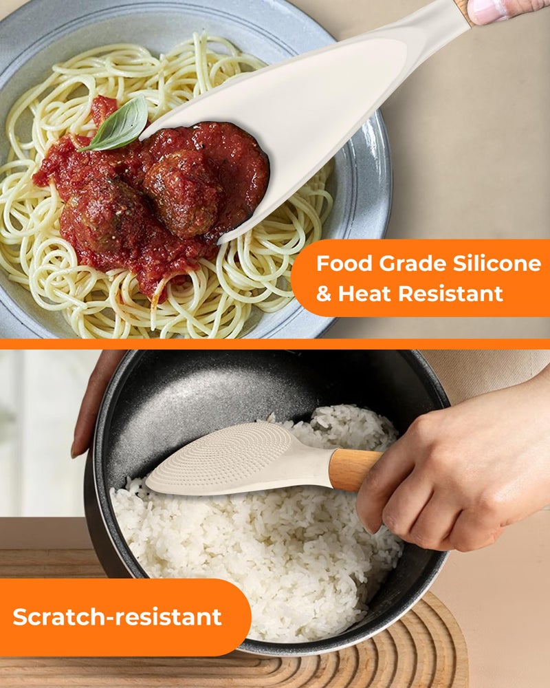 FINENUT Cooking Spoon Multifunction Spoonula Silicone Spatula Spoon 2-Pack, Dual-Use Heat Resistant 446Â°F, BPA-Free Non-Toxic Wooden Handle Rice Spoon Set for Non-Stick Cookware & Rice Cookers (Black) - Image 2