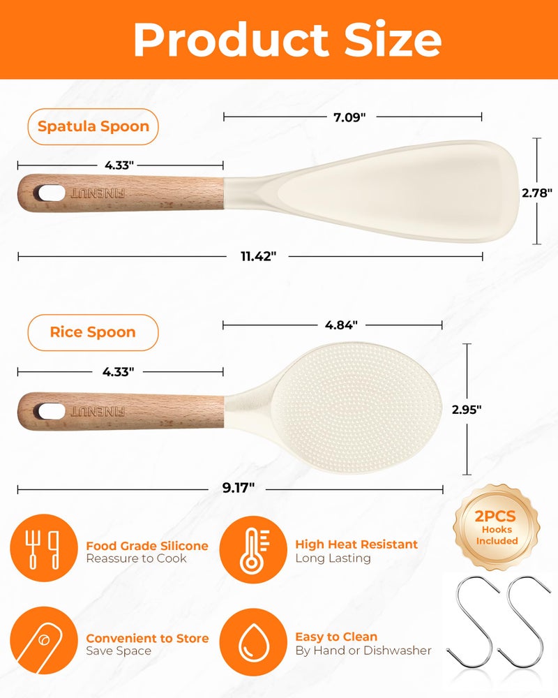 FINENUT Cooking Spoon Multifunction Spoonula Silicone Spatula Spoon 2-Pack, Dual-Use Heat Resistant 446Â°F, BPA-Free Non-Toxic Wooden Handle Rice Spoon Set for Non-Stick Cookware & Rice Cookers (Black) - Image 3