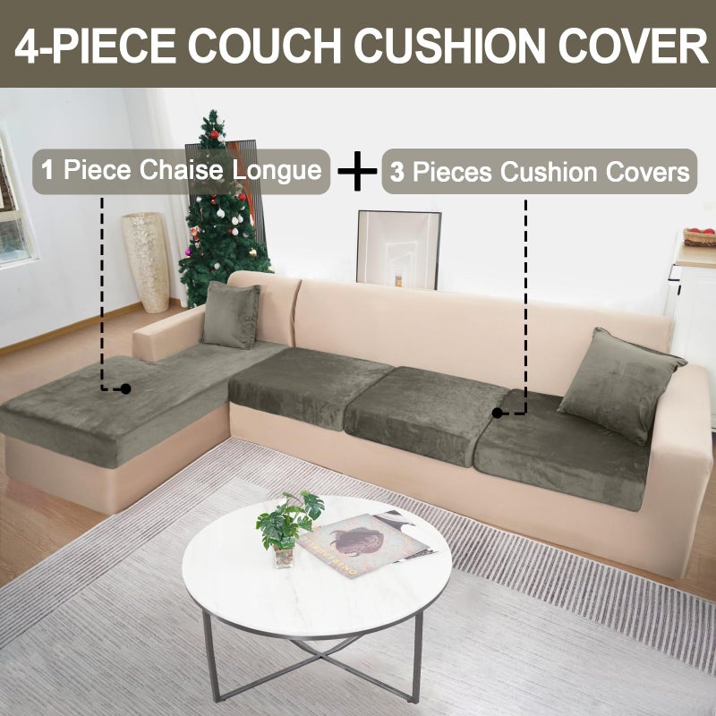 BT.WA Sectional Couch Covers for 4-Piece Seat Cushion Velvet Separate L Shape Couch Cover Stretch Sofa Slipcover with 2 Pieces Pillowcases Furniture Protector (Sofa 3 Seater + 1 Chaise  Olive Green) - Image 2