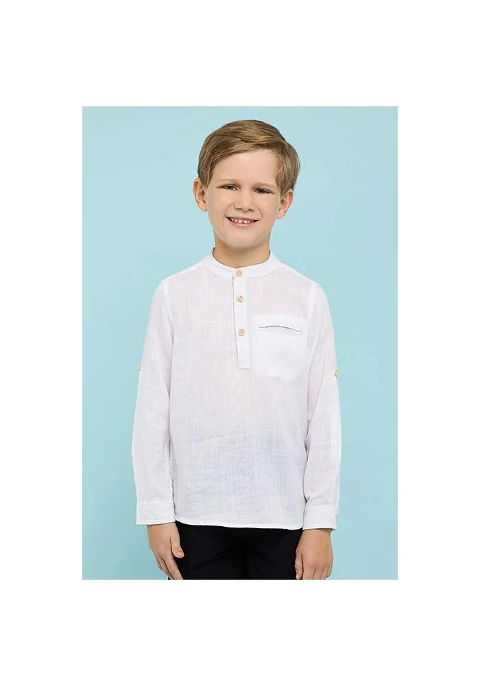 أر أند بي Solid Shirt with Mandarin Collar & Long Sleeves