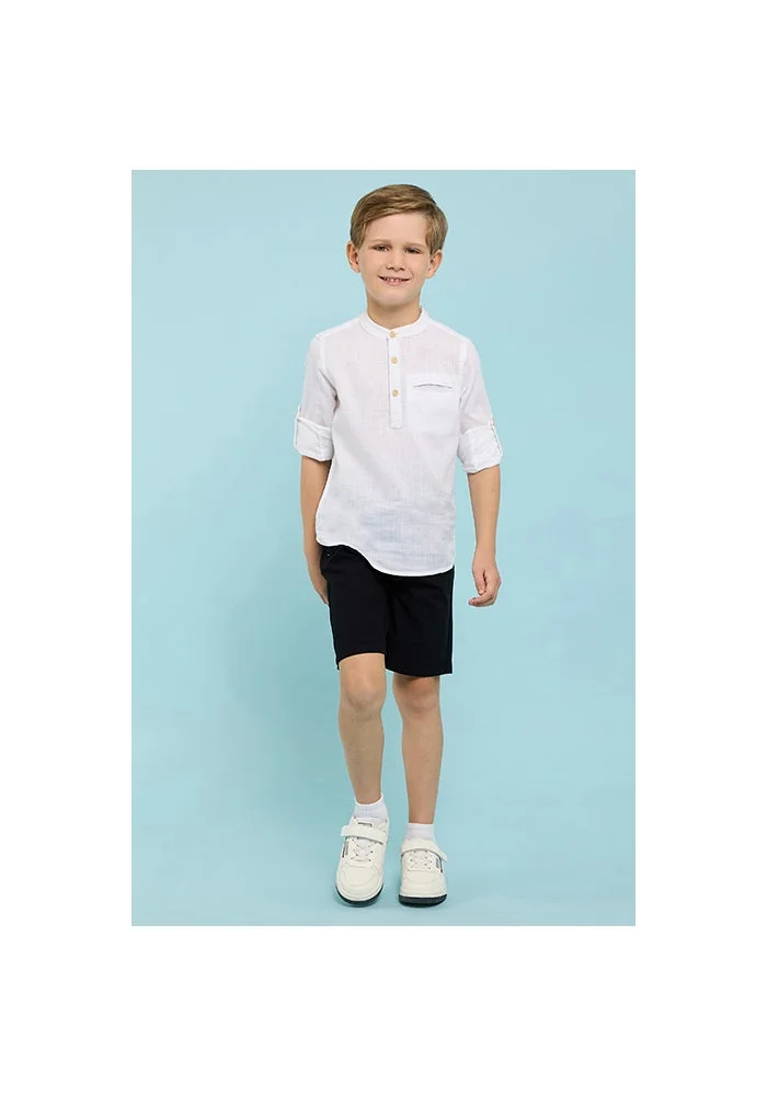 أر أند بي Solid Shirt with Mandarin Collar & Long Sleeves
