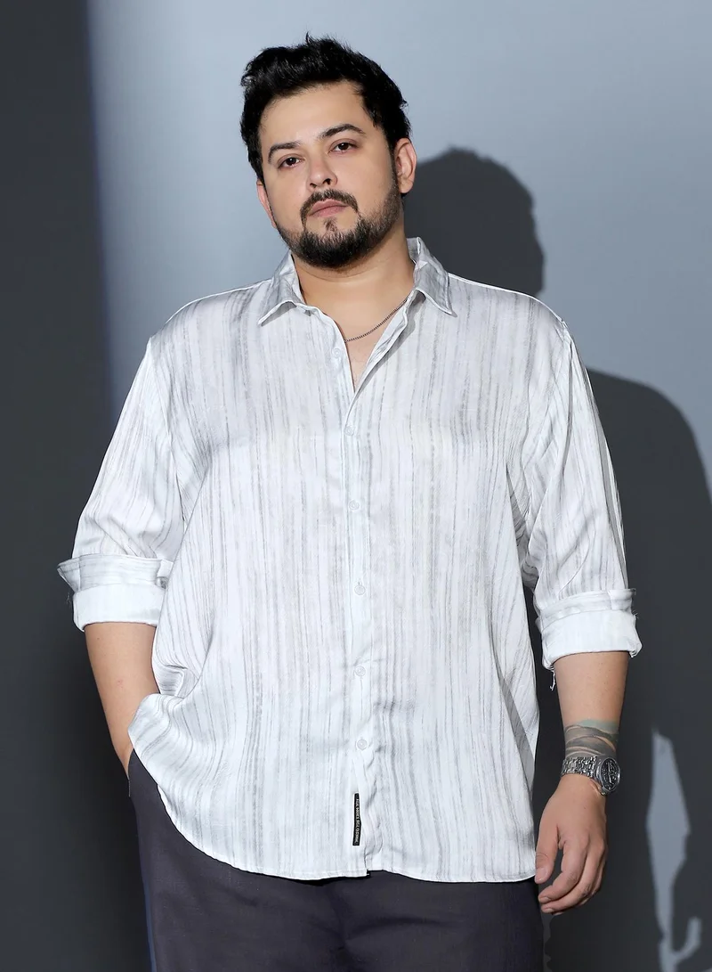 انستافاب بلس Instafab Plus Men Grazed-Imprint Textured Shirt | Spread Collar , Long Cuffed Sleeves | Button Closure , Curved Hem | Abstract Print Textured | Woven Fabric For Street & Casual Wear | Cream White