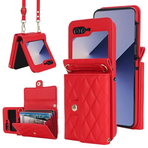 XIMAND for Samsung Galaxy Z Flip 6 Accordion Crossbody Wallet Case 4 Card Slots RFID Blocking and Adjustable Strap Stylish and Versatile Accessory for The Modern Chic Woman Red - Image 1