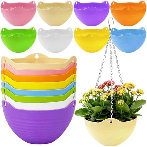 Bvrbaory 8 Pack Multicolor Hanging Planter Pots,8 Colors Garden Hanging Planters,Round Hanging Basket Pot for Indoor Outdoor Garden,Home Decor,with Water Tray Metal Chain - Image 1