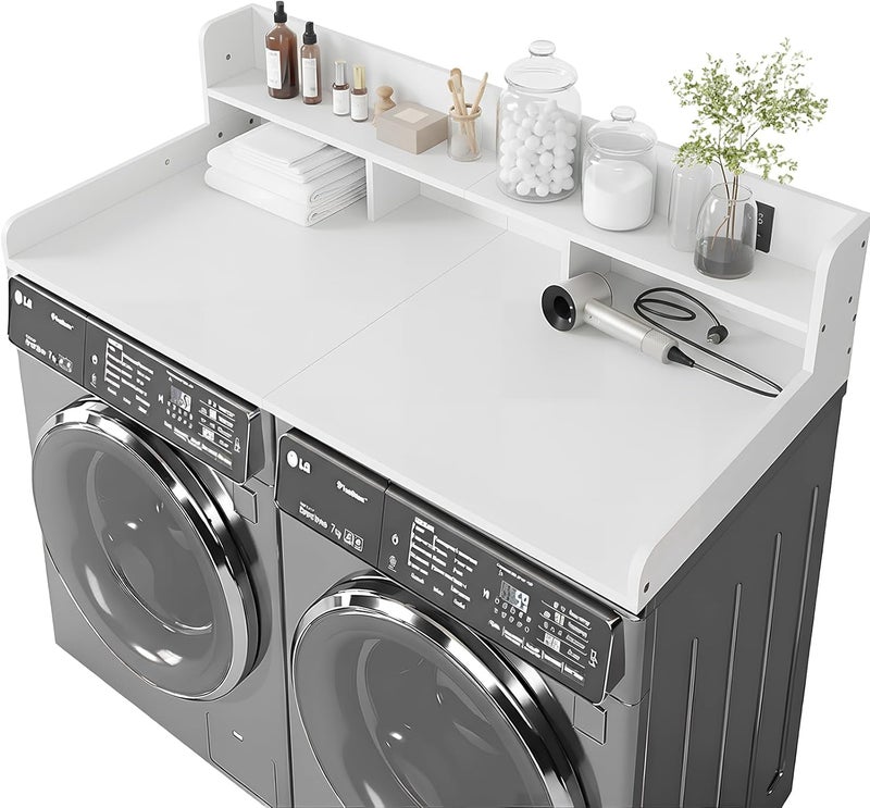 HMAZAE Washer Dryer Countertop with Shelf, 2-Tier Laundry Countertop Over Washer and Dryer, 54" x 27.55" Wooden Table for Folding Clothes for Laundry Room Organization and Storage (Milky) - Image 1