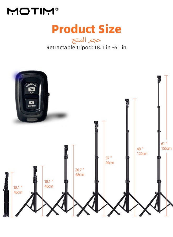 Motim - 160cm/63inch Phone Selfie Stick Tripod with Remote Shutter, Extendable  Phone Tripod Alloy Camera Stand, All in One Tripod Stabilizer Compatible with iPhone, Android Phone, Cameras, Portable Travel Tripod for Video Recording - Image 1