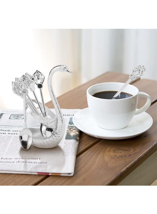 Arabest Decorative Swan Base Holder with Coffee Spoon Set, Zinc Alloy Embossment Coffee Stirrers Holder Elegant Swan Coffee Spoon Holder for Spoons Fruit Dessert (Silver) - Image 3