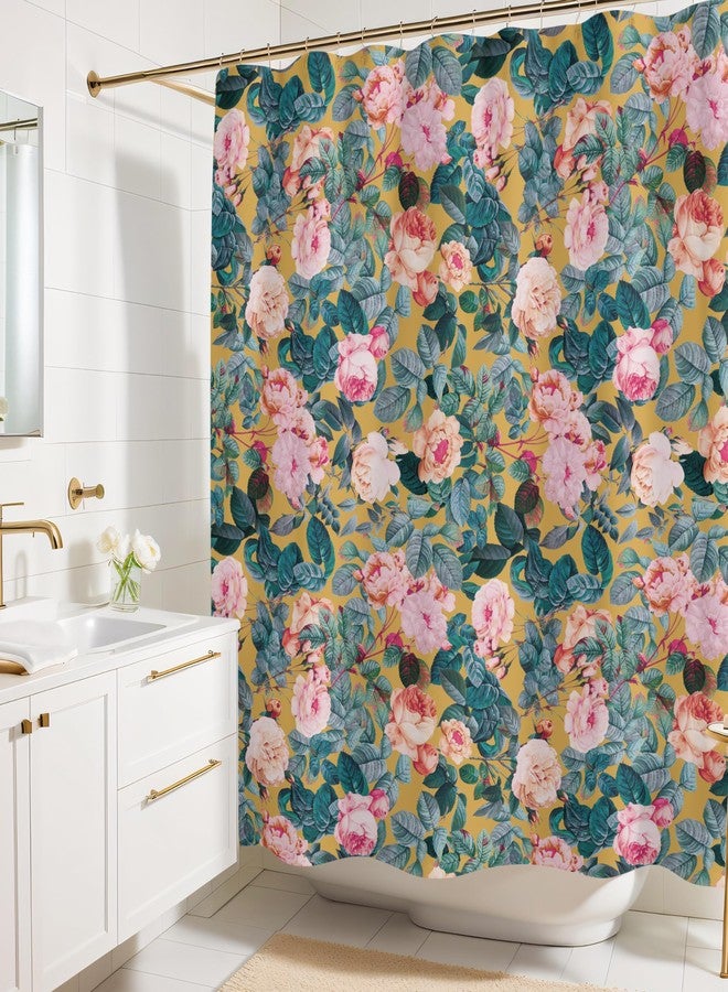 Worthwhile Goods Yellow Pink Peonies Floral Print Shower Curtain - Pretty Flower Pattern - Modern Colorful Classic Design - Vintage Style Cool Fabric Shower Curtain For Any Bathroom - 72x72 Inches (Yellow Floral) - Image 1