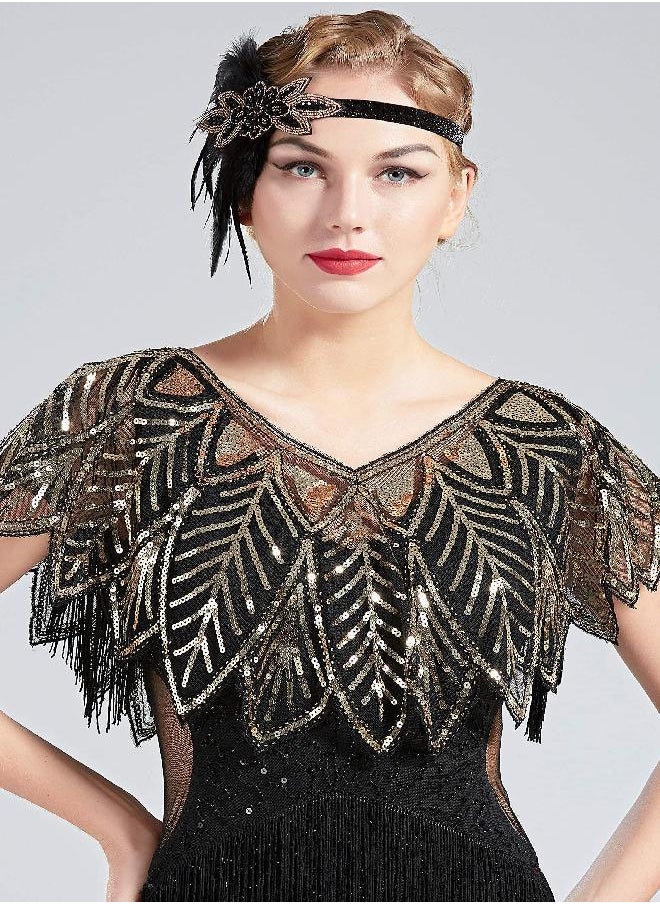 BABEYOND BABEYOND 1920s Shawl Wraps Sequin Beaded Evening Cape Bridal Shawl (Black Gold)  - Image 2