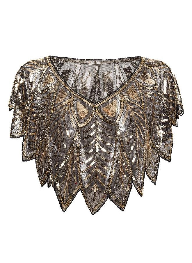 BABEYOND BABEYOND 1920s Shawl Wraps Sequin Beaded Evening Cape Bridal Shawl (Black Gold)  - Image 3