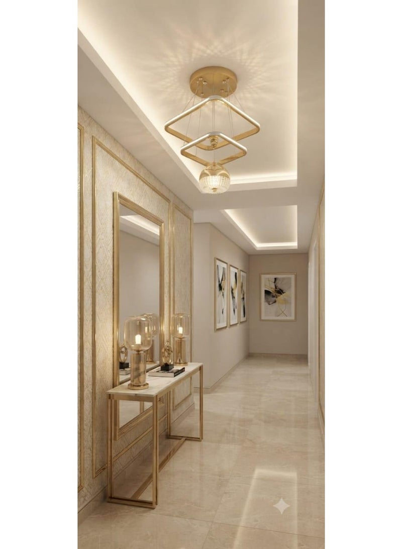 نجفة ليد (LED) مودرن بتصميم هندسي حلقات مربعة مع كريستال مركزي - لون ذهبي فاخر - Image 3