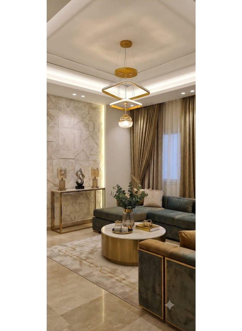 نجفة ليد (LED) مودرن بتصميم هندسي حلقات مربعة مع كريستال مركزي - لون ذهبي فاخر - Image 1