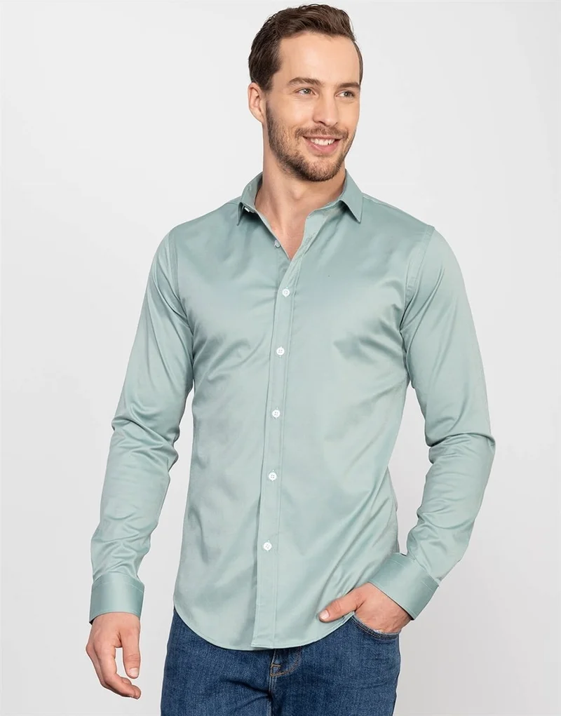 تودورس Slim Fit Lycra Plain Satin Men's Shirt