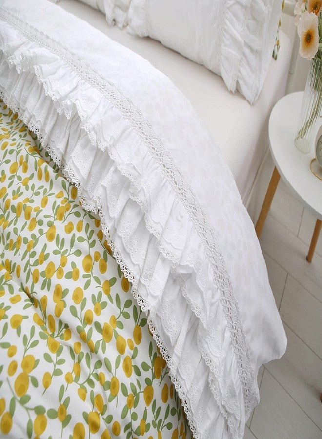 Meaning4 White Luxury Eyelet Lace Bed Flat Sheet with Ruffles Bed Linen King Size 1 Piece - Image 2