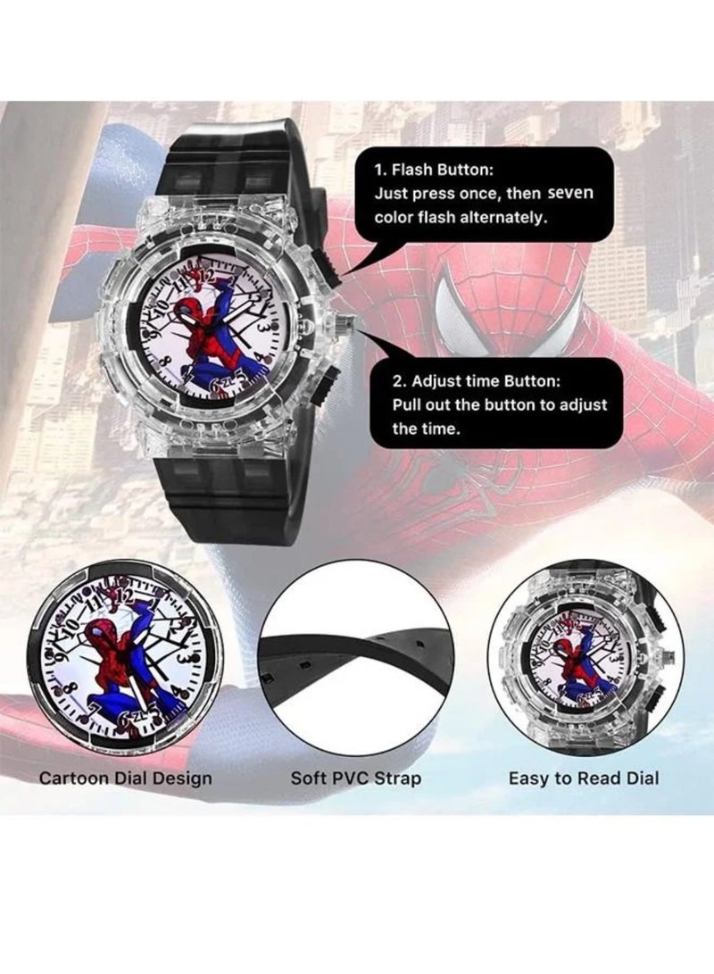 Spider-Man Kids Watch, Superhero Kids Analog Watch for Boys Girls, Adjustable Strap Learning Time Kids Wrist Watch with 7 Colors Flashing, Cool Inexpensive Gift for Toddlers, Boys, Girls - Image 3