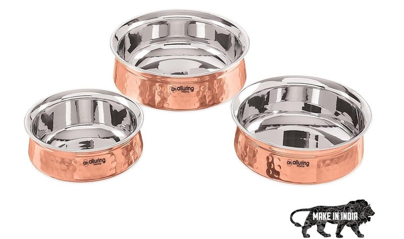 Alluring Homz Traditional Indian Copper Steel Serving Handi I Lagan I Bowl with Hammered Dinnerware,Serveware & Tableware for Home I Restaurant I Hotel, Volume-400 ML(Pack of 2 Pieces) - Image 4