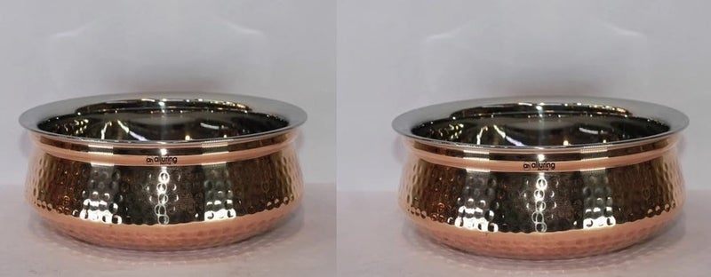 Alluring Homz Traditional Indian Copper Steel Serving Handi I Lagan I Bowl with Hammered Dinnerware,Serveware & Tableware for Home I Restaurant I Hotel, Volume-400 ML(Pack of 2 Pieces) - Image 1