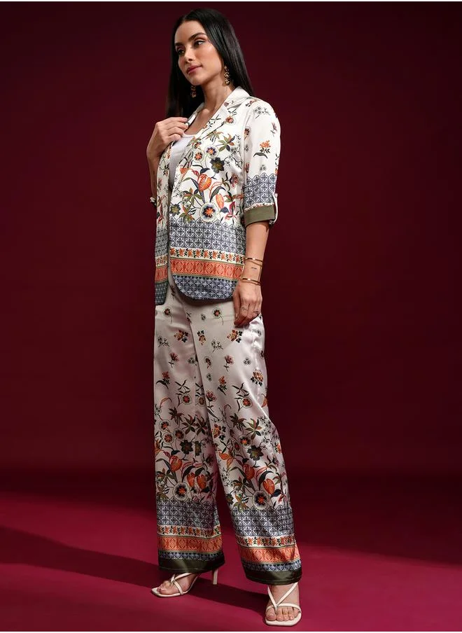 فيشود Floral Printed Roll-Up Sleeves Blazer and Trousers Co-Ords by Styli