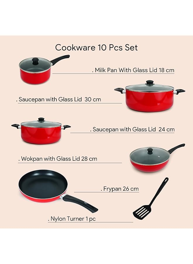 DELICI 10 Piece Nonstick Aluminium Cookware Set With 10X Tougher Coating, Heat Resistant Handles, Includes 2 Saucepanwok Panmilk Pan With Glass Lids, Frypan,1 Pcs Nylon Turner Ncs10R - Image 5