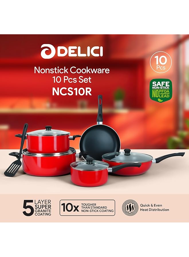 DELICI 10 Piece Nonstick Aluminium Cookware Set With 10X Tougher Coating, Heat Resistant Handles, Includes 2 Saucepanwok Panmilk Pan With Glass Lids, Frypan,1 Pcs Nylon Turner Ncs10R - Image 2
