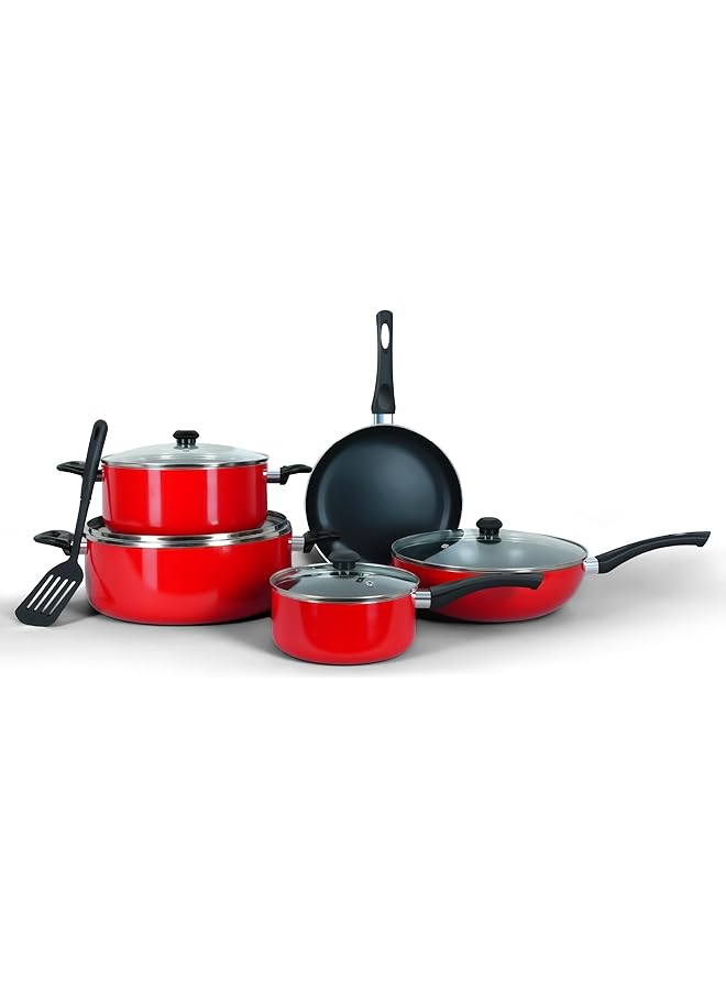 DELICI 10 Piece Nonstick Aluminium Cookware Set With 10X Tougher Coating, Heat Resistant Handles, Includes 2 Saucepanwok Panmilk Pan With Glass Lids, Frypan,1 Pcs Nylon Turner Ncs10R - Image 1
