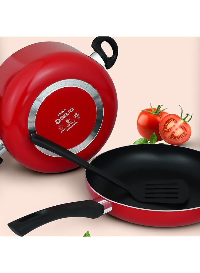 DELICI 10 Piece Nonstick Aluminium Cookware Set With 10X Tougher Coating, Heat Resistant Handles, Includes 2 Saucepanwok Panmilk Pan With Glass Lids, Frypan,1 Pcs Nylon Turner Ncs10R - Image 3