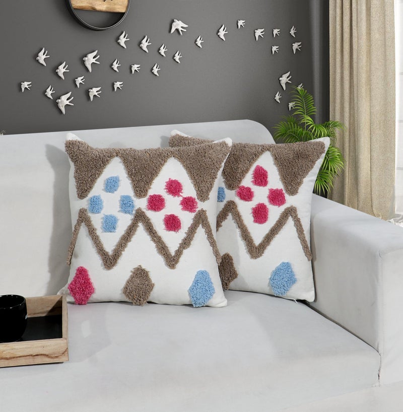 RD TREND® Premium 100% Cotton Boho Cushion Cover 16 Inch x 16 Inch, Aesthetic Hand Tufting Cushion Cover Set of 2 for Couch Sofa, Bedroom, Living Room (Brown & Pink,) - Image 1