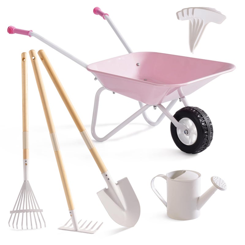 ROBUD Kids Wheelbarrow with Gardening Tools Set9pcs Metal Toddler Wheelbarrow Garden Tools Watering Can Plant Labels Child Outdoor Toy for Ages 3 Christmas Birthday Gifts for Boys GirlsPink - Image 3