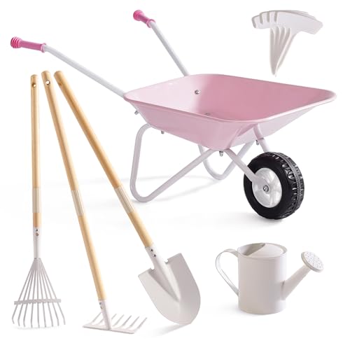 ROBUD Kids Wheelbarrow with Gardening Tools Set9pcs Metal Toddler Wheelbarrow Garden Tools Watering Can Plant Labels Child Outdoor Toy for Ages 3 Christmas Birthday Gifts for Boys GirlsPink - Image 1