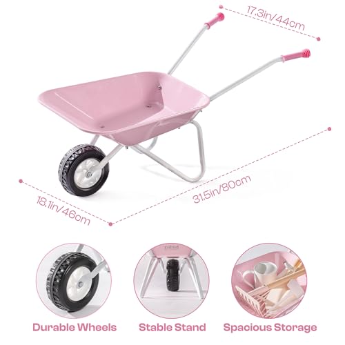 ROBUD Kids Wheelbarrow with Gardening Tools Set9pcs Metal Toddler Wheelbarrow Garden Tools Watering Can Plant Labels Child Outdoor Toy for Ages 3 Christmas Birthday Gifts for Boys GirlsPink - Image 5