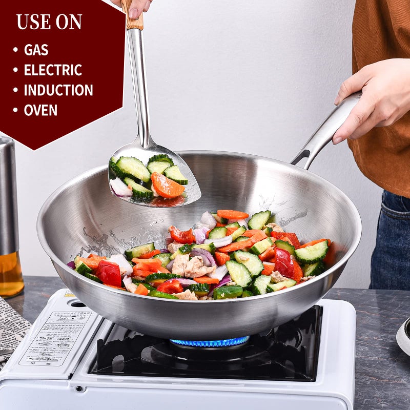 LOLYKITCH 12 Inch Tri-Ply Stainless Steel Wok Pan with Lid,Induction Stir-Fry Pan,Dishwasher and Oven Safe,Heavy Duty and Detachable Handle - Image 3