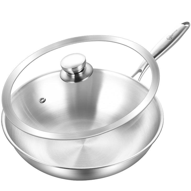 LOLYKITCH 12 Inch Tri-Ply Stainless Steel Wok Pan with Lid,Induction Stir-Fry Pan,Dishwasher and Oven Safe,Heavy Duty and Detachable Handle - Image 1