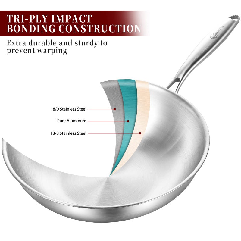 LOLYKITCH 12 Inch Tri-Ply Stainless Steel Wok Pan with Lid,Induction Stir-Fry Pan,Dishwasher and Oven Safe,Heavy Duty and Detachable Handle - Image 2