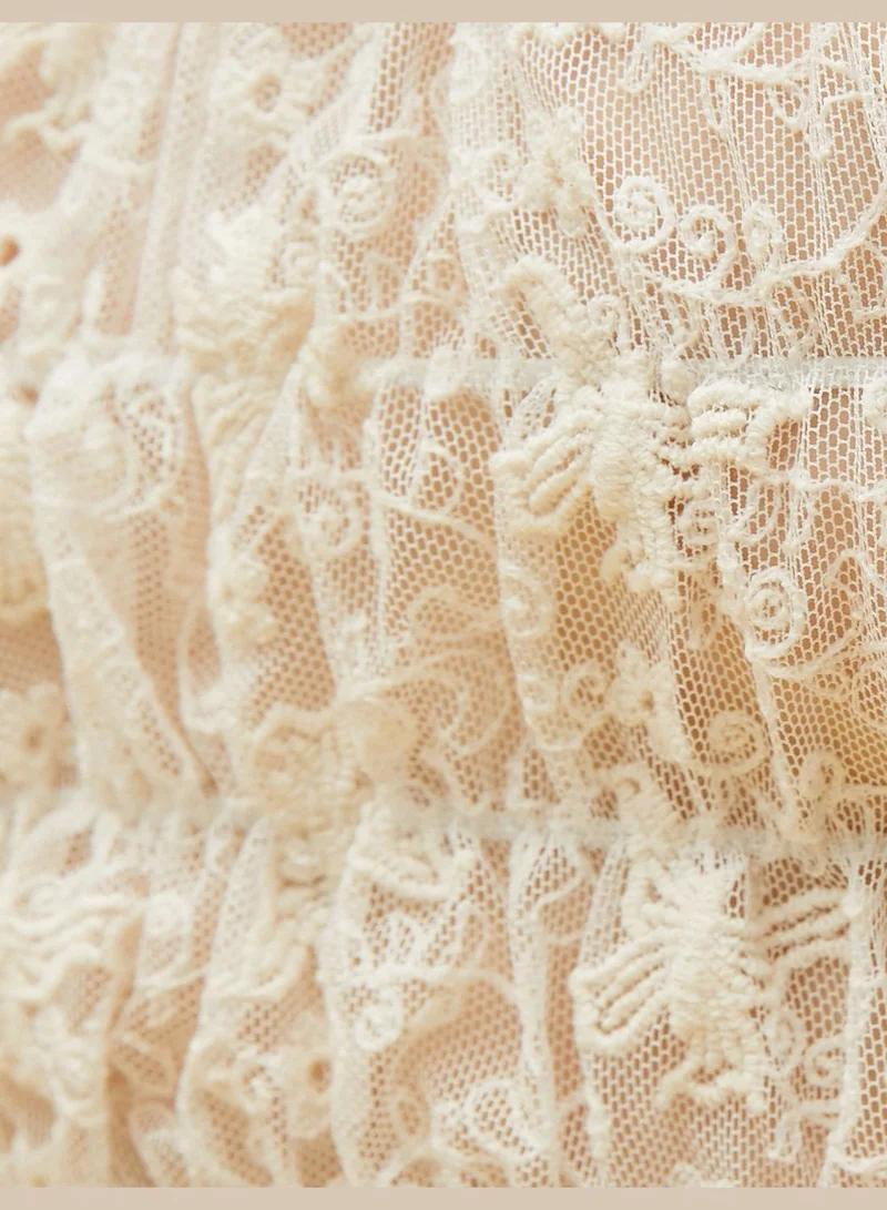 كوتون Puff Sleeve Lacy Crop Blouse