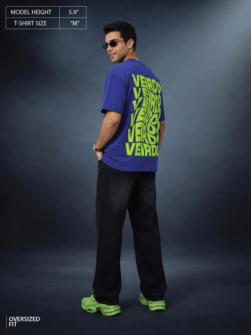 Veirdo Blue Oversized Cotton Graphic Print Purple Crew Neck T-Shirt with Back Print for Men - Image 5