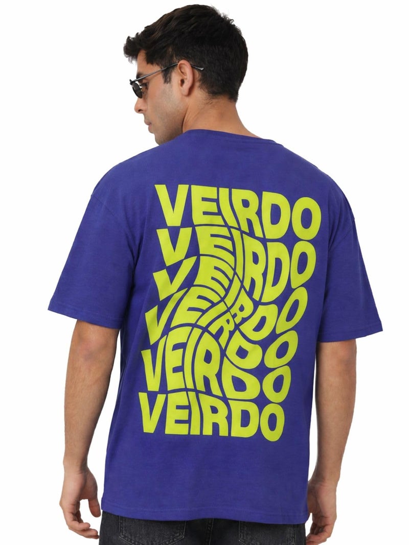 Veirdo Blue Oversized Cotton Graphic Print Purple Crew Neck T-Shirt with Back Print for Men - Image 1