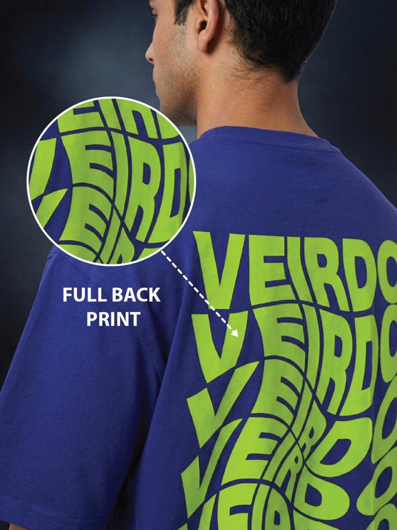 Veirdo Blue Oversized Cotton Graphic Print Purple Crew Neck T-Shirt with Back Print for Men - Image 4
