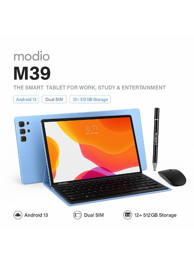 MODIO TAB Modio M39 Tablet – 10.1 Inch HD IPS Display, Android 13, 12+512GB, Dual SIM 4G, 13MP+5MP Camera, 8000mAh Battery, with Keyboard, Mouse, Pen, Case & OTG Adapter (Blue) - Image 2