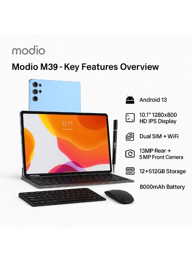 MODIO TAB Modio M39 Tablet – 10.1 Inch HD IPS Display, Android 13, 12+512GB, Dual SIM 4G, 13MP+5MP Camera, 8000mAh Battery, with Keyboard, Mouse, Pen, Case & OTG Adapter (Blue) - Image 3