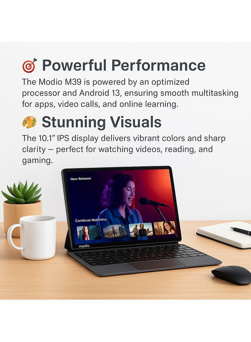 MODIO TAB Modio M39 Tablet – 10.1 Inch HD IPS Display, Android 13, 12+512GB, Dual SIM 4G, 13MP+5MP Camera, 8000mAh Battery, with Keyboard, Mouse, Pen, Case & OTG Adapter (Blue) - Image 4