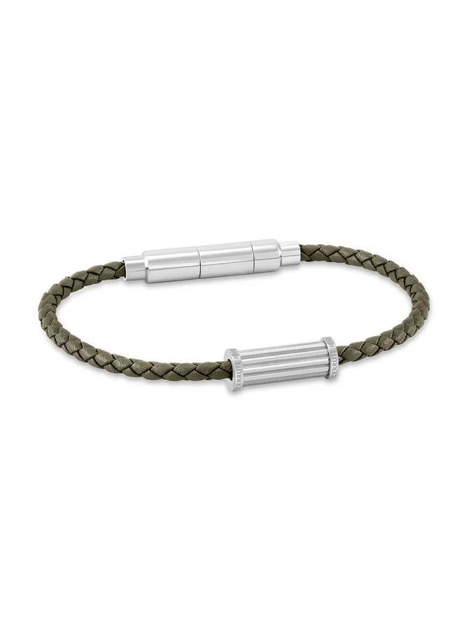 CERRUTI 1881 Marcello Silver Olive Green Braided Leather Bracelet for Men 180mm