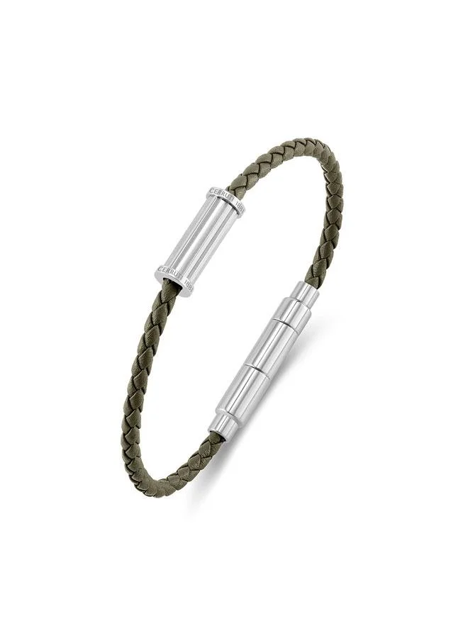 CERRUTI 1881 Marcello Silver Olive Green Braided Leather Bracelet for Men 180mm
